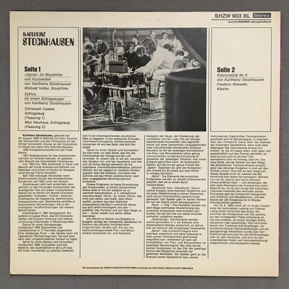 M889 Stockhausen Spiral for Recorder Vetter Neuhaus Wergo WER SHZW 903 BL Stereo Foto 3 de 3