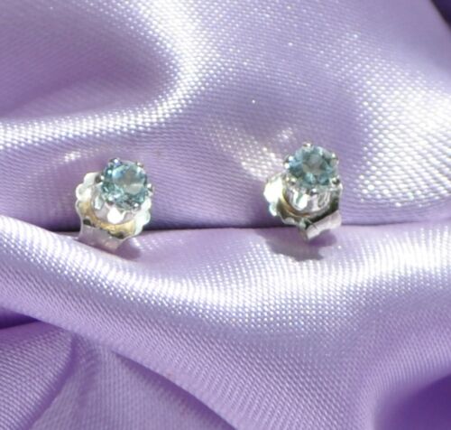 4MM PETITE  ROUND AQUAMARINE  EARRINGS IN .925 STERLING SILVER - Picture 1 of 5