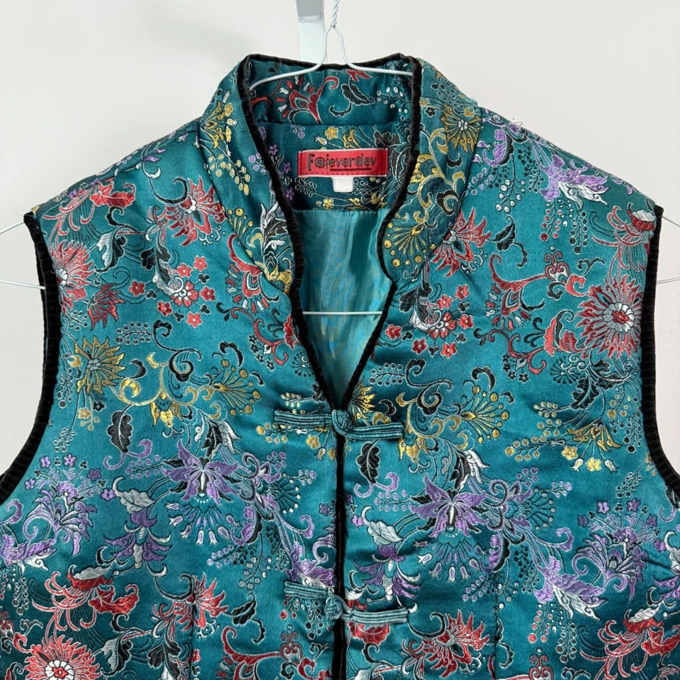 复古 Foieverdev sz LTeal 花卉锦缎中式领背心绗缝 — 第 2/4 张图片