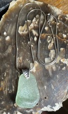 Vintage Sterling Silver Green Sea Glass Pendant Necklace 18