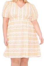 Cece Plus 2X V Neck Floral Embroidered Tie Back Pockets Puff Sleeve Dress