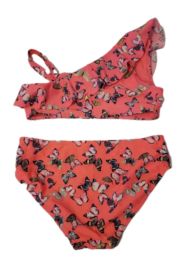 H & M 女孩 8/10 码两件式泳装粉色蝴蝶荷叶边上衣 — 第 2/3 张图片