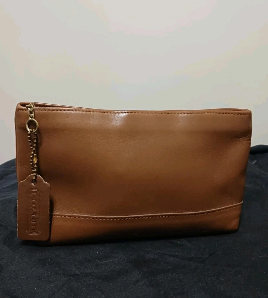 Vtg 90s Coach Cosmetic Case 7172 British Tan Leather Cartouche Lined Make Up - Image 2 of 4