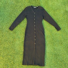 Vintage Carole Little Black Ribbed Knit Button Front Midi Dress Women's Medium