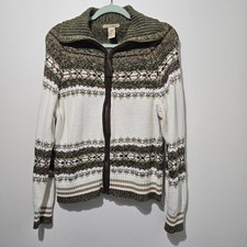 Mountain Lake Nordic Style Full Zip Sweater Size XL Cream/ Green w/Collar