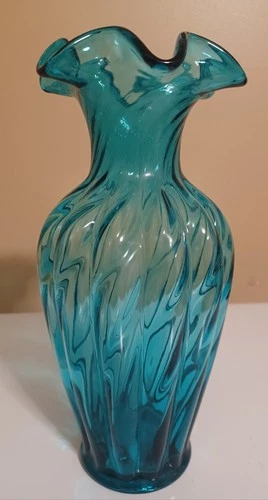 11" Vintage Fenton Teal Optic Ruffle Glass Vase