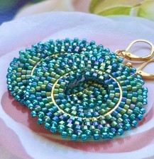Teal Blue Green Beaded Hoops Earrings Czech Glass Seed Beads Iridescent Pierced