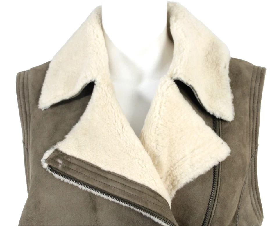 Chaleco Bandolera VINCE Gris Oliva Gamuza Piel de Oveja- Cremallera Solapa L Foto 2 de 4
