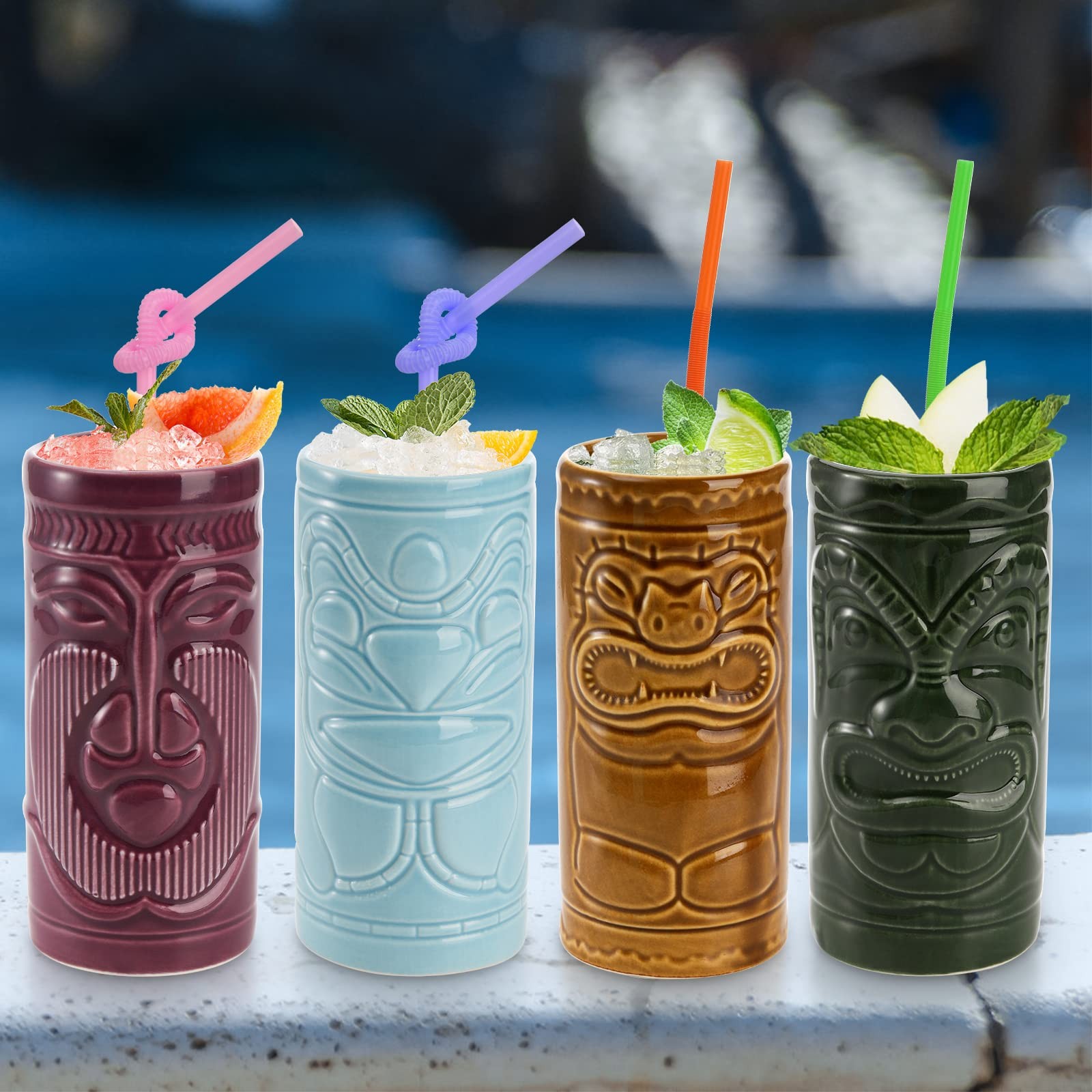 Cedilis 4 Pack Ceramic Tiki Mug 10oz Tumblers Zombie Mai Tai Barware Halloween