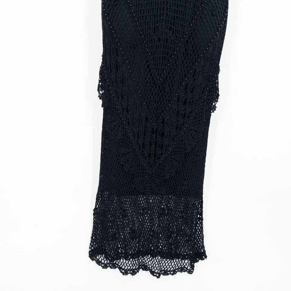 VTG Whimsigoth Black Crochet Beaded Maxi Dress M Goth Formal Tight Dark Romantic - Image 3 of 4