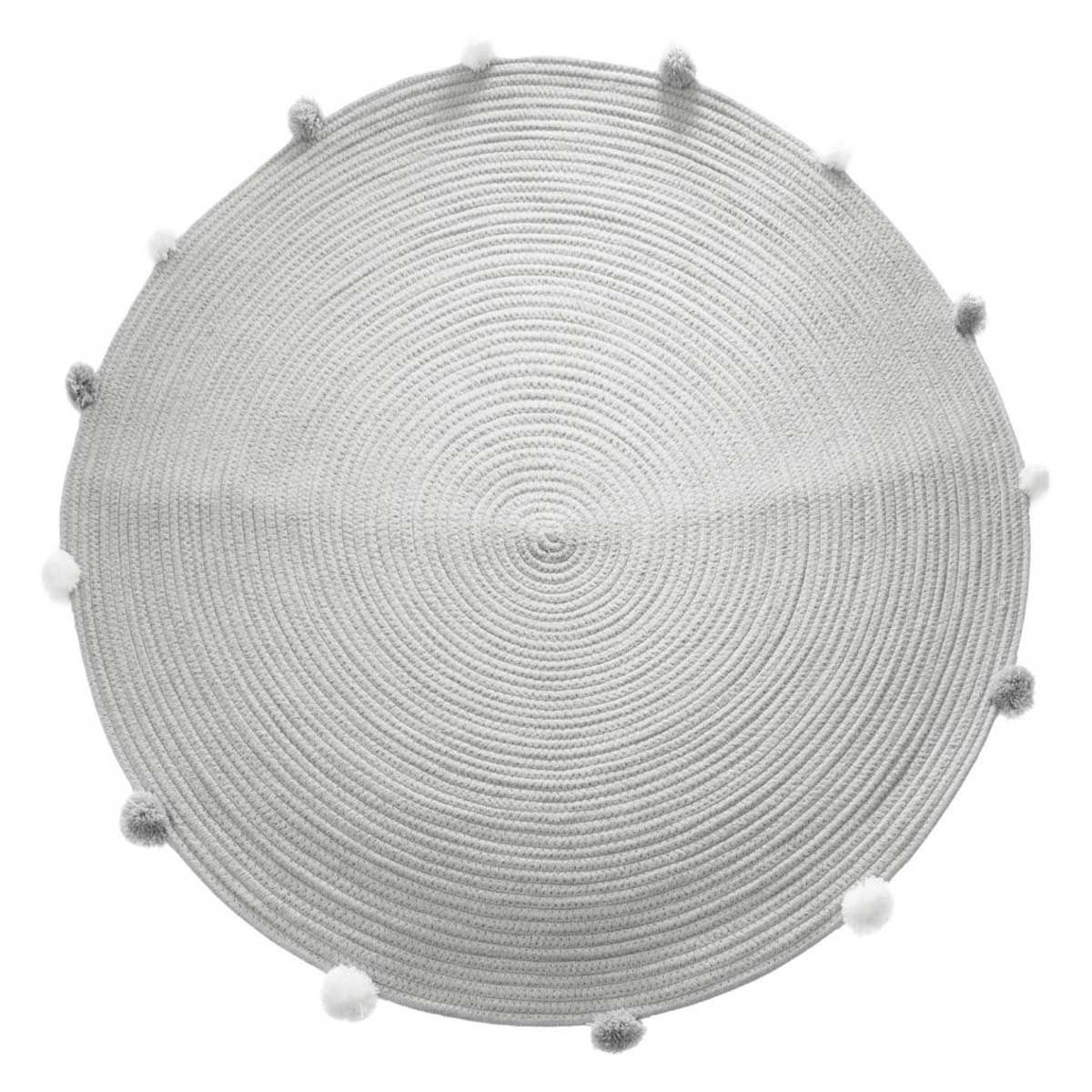 Tapis enfant 90cm gris à gros pompons pour créer un coin lecture cosy