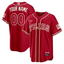 Camiseta deportiva roja cosida personalizada Nike MLB 2026 Texas Rangers "TEJAS" City Connect