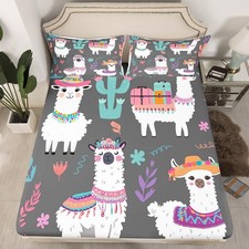 Kids Bed Sheet Set Cute Llama Bedding Set Cartoon Llama Alpaca Fitted Sheet f...