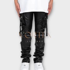 Men's Zipper Pockets Style Black Leather Pant In Genuine Lambskin Leather Pant