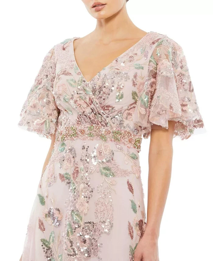 【MAC DUGGAL】マックダガル 装飾花柄ワンショルダーガウン NWOT Mac Duggal Floral Embellished Short Sleeve Faux Wrap