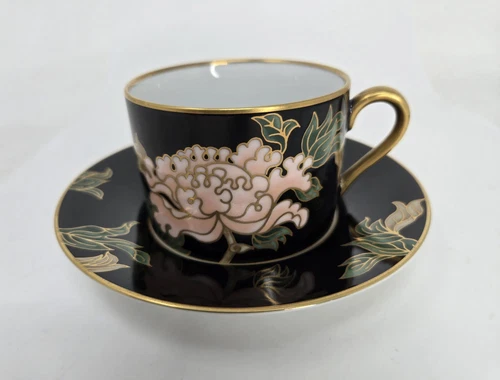 Fitz and Floyd "Cloisonne Peony" Black and Pink Cup and Saucer Set 1975 EUC