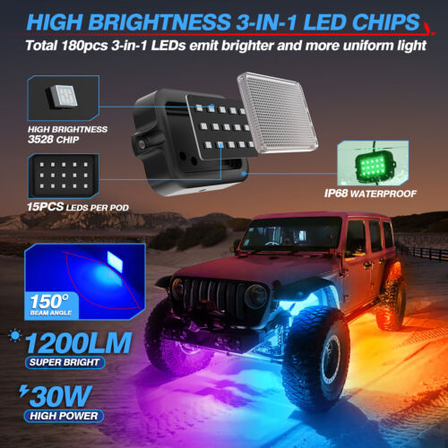 MICTUNING Y1 RGB+IC Dream Color LED Rock Lights Kit, 2-12 Pods Underglow Lights - Picture 5 of 65