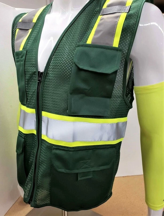Green safety vest with best sale pockets