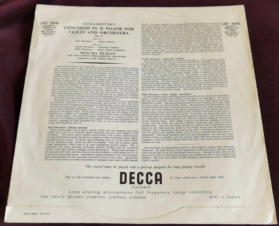 Rare Mischa Elman Boult Tchaikovsky Violin Concerto LP Decca LXT 2970 UK ED1 - Image 2 of 2