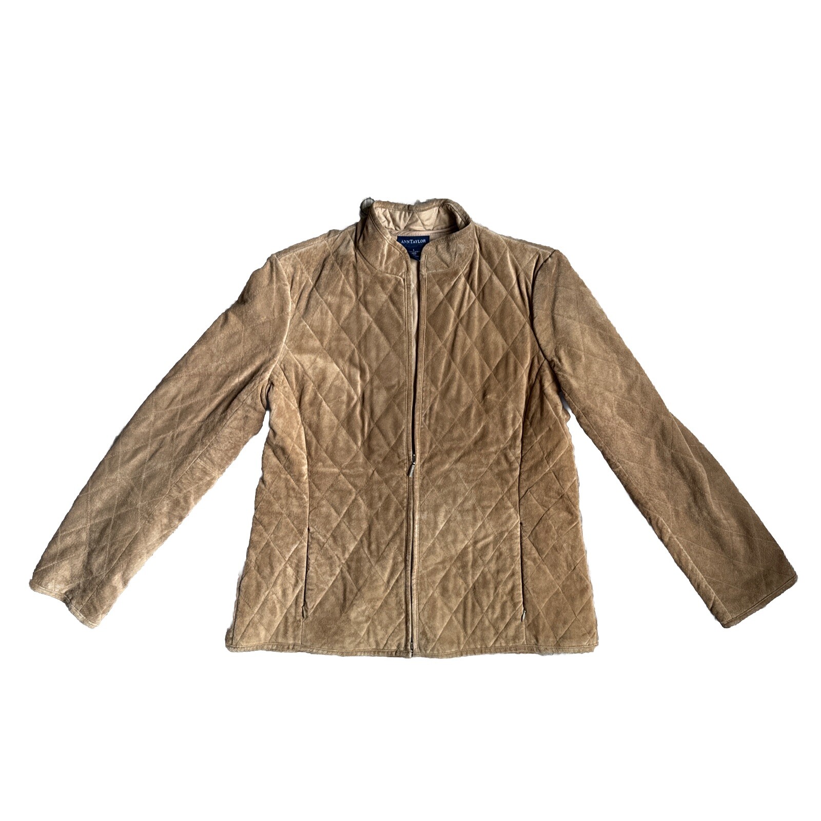 Ann Taylor Womens Quilted Suede Jacket Sz L Tan Zip Western Boho Cottagecore Vtg
