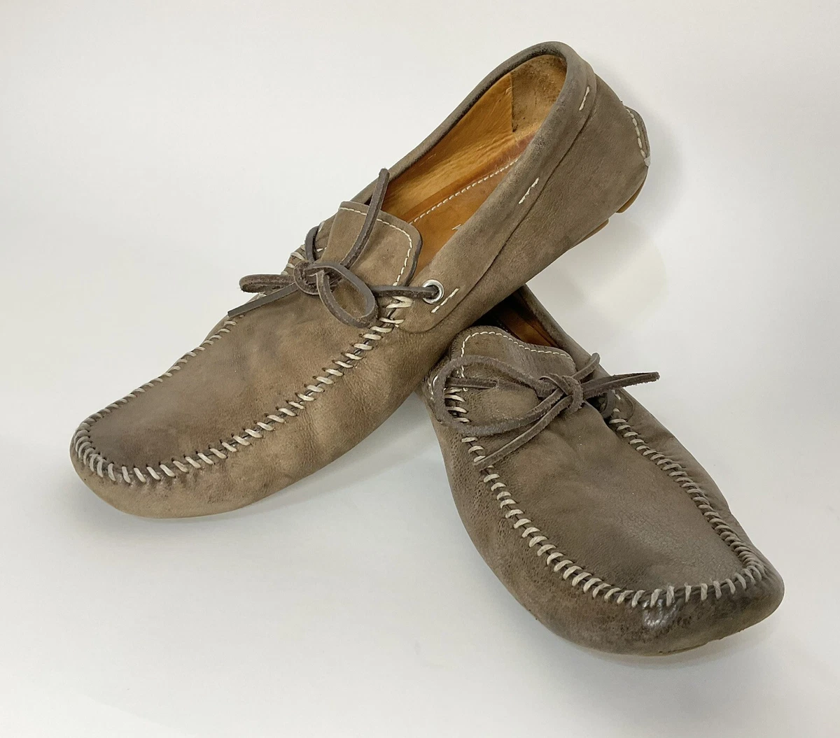 Prada Luxury Loafers Driving Shoes Sz 7.5 Mens Brown Leather Logo Leather Laces