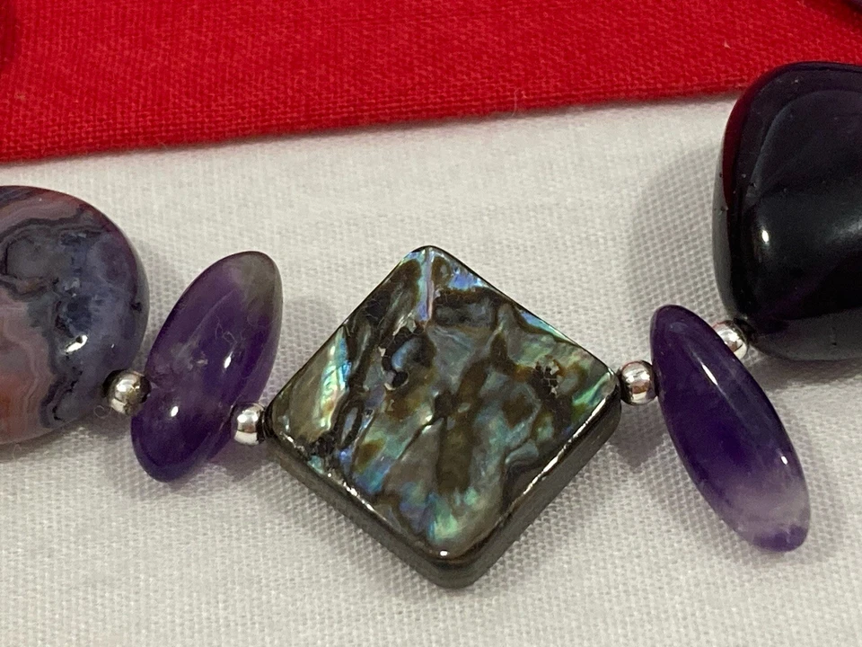 Vintage Artisan Made 925 Sterling Silver Amethyst & Abalone Beaded Bracelet 7.5” - Image 4 of 4