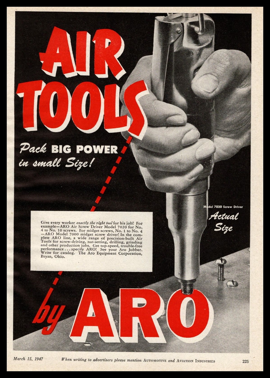 1947 ARO Equipment Corp. Bryan Ohio Model 7020 Screw Driver Vintage