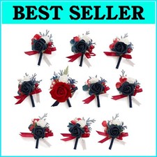 Stylish 10-Piece Men's Boutonniere Set - Lifelike Floral Corsages for Events