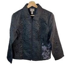 Chicos Jacket Size 1 Women's Medium Quilted Embroidered Floral full zip casual