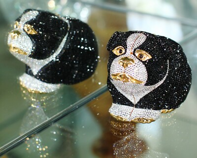 JUDITH LEIBER BULLDOG PUG BLACK WHITE GOLD DOG SWAROVSKI CRYSTAL