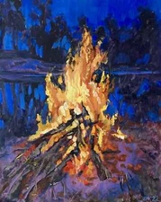 "Night fire",  landscape, picture, original art, oil painting