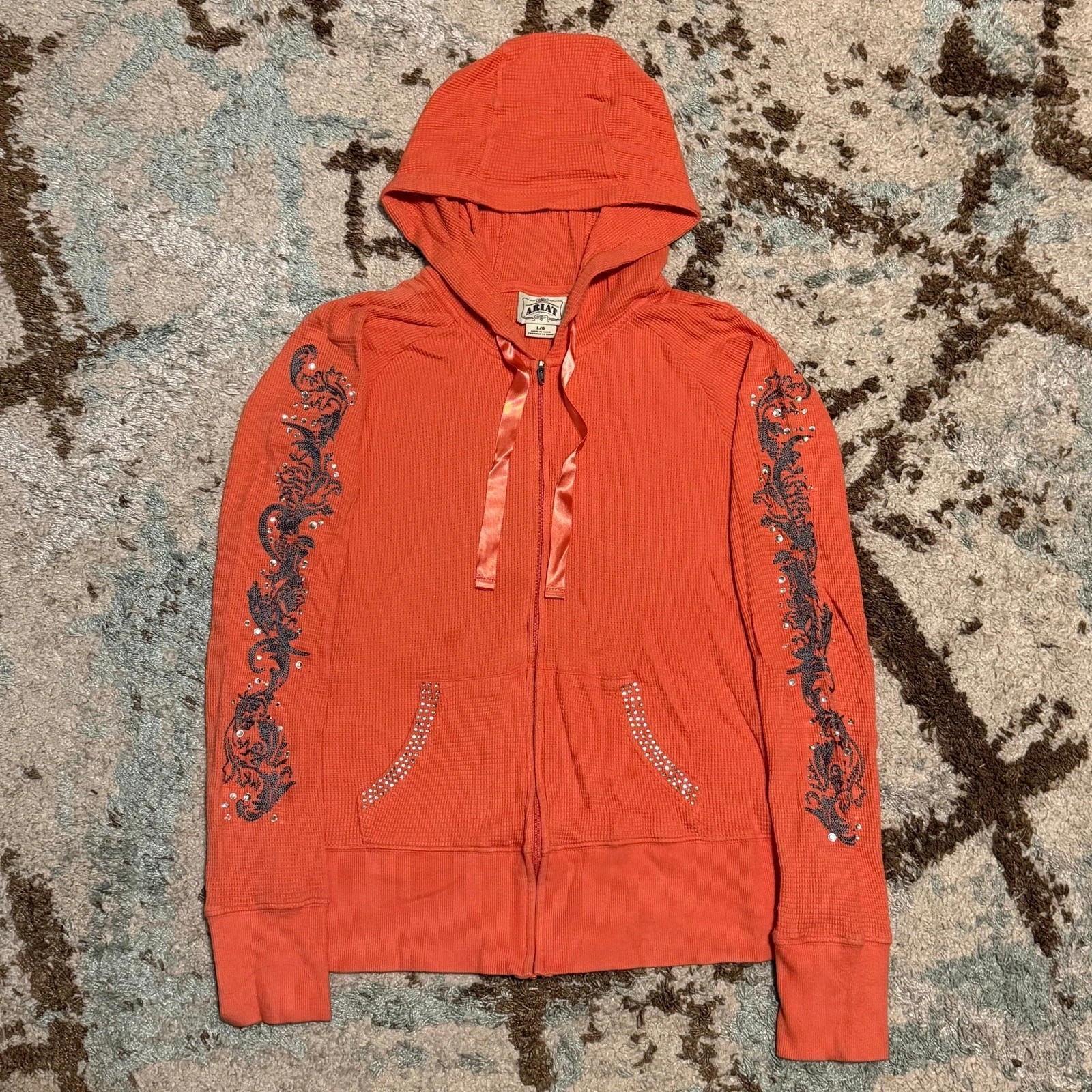 Ariat Womens Waffle Knit Thermal Hoodie Size Large Western Coral Orange/Pink
