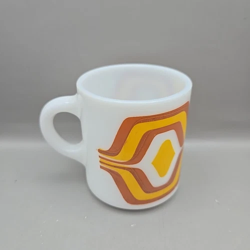Vintage White Milk Glass D-Handle Mug D-37 Yellow & Brown Diamond Pattern