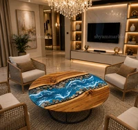Round Blue Resin Table Handmade Epoxy Wood Coffee Table Modern Living Room Decor