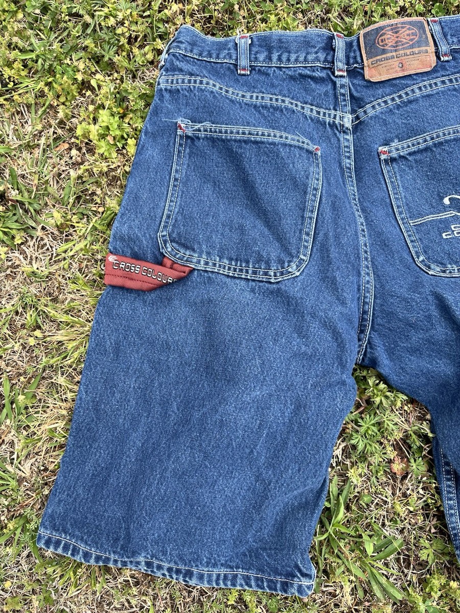 Cross Colours Blue Denim Baggy Men's Shorts Embroidered Logo