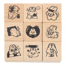 9Pcs 0.8" x 0.8" x 1" Decorative Wooden Rubber Stamp Set DIY Craft Play Dream