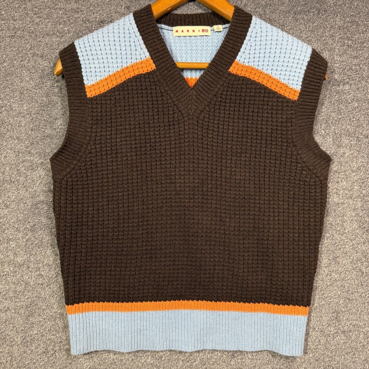 Marni x Uniqlo Sweater Vest Size M Blue Orange V-Neck Brown Waffle Knit