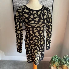 Moda International Dress XS Black Gold Metallic Animal Print Long Sleeve