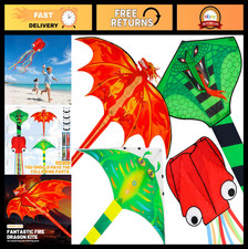 4 Pack Large Kites - Fire Dragon, Green Snake, Red Fish  Octopus with Colorful