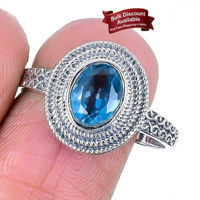 Schweizer Blautopas Stein 925 Sterling Silber Verlobung Statement Neu Ring Gr. 10
