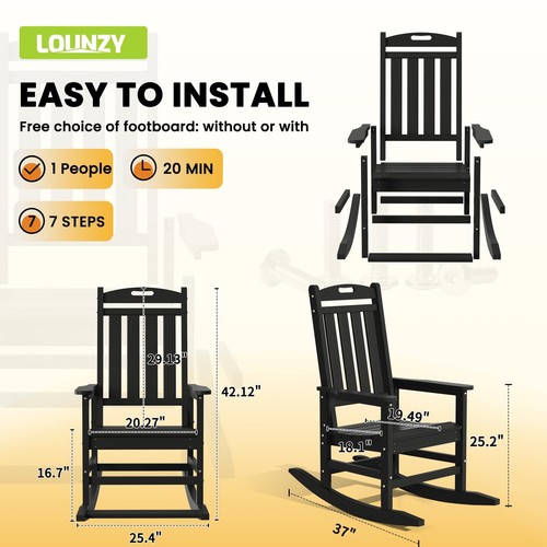 Outdoor Rocking Chair, HDPE Patio Rocking Chair with Footboard for Adults, Al... - Picture 2 of 5