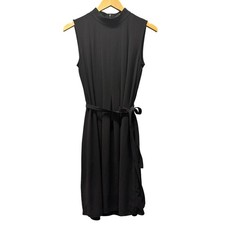 Uniqlo Dress Womens Small Mock Neck Belted Sleeveless Black Midi + Pockets