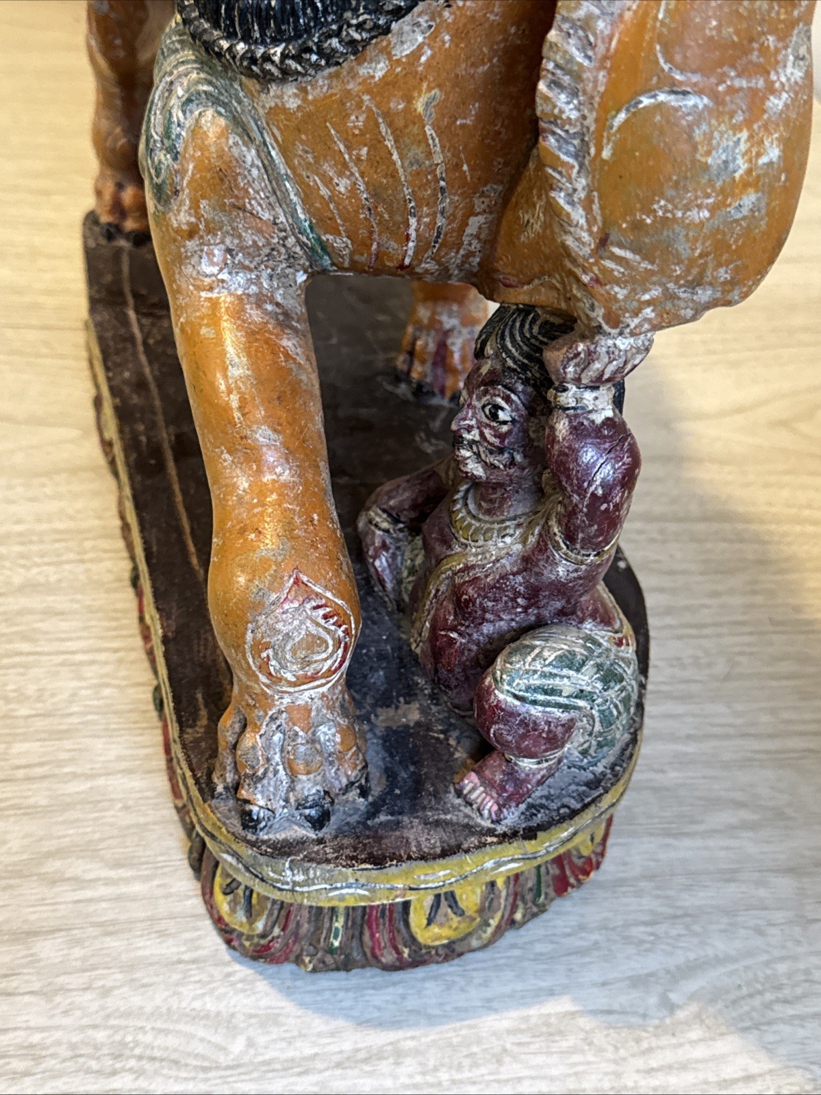 Antique Mythical Lion & Hunter - Hand Carved & Painted India 19th Century Yali