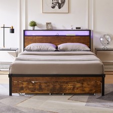 Full Size Metal Platform Bed Frame w/Wooden Headboard and Footboard w/USB  Chargi