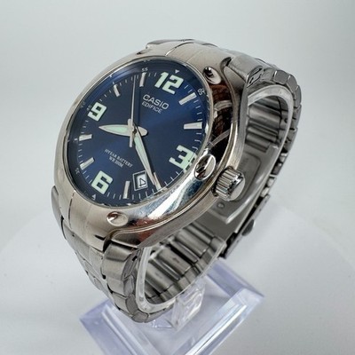 Casio EDIFICE Blue Dial Date Quartz Watch EF-106 Stainless Band New Battery