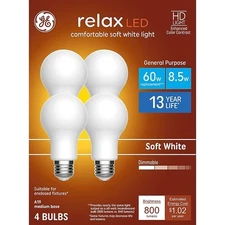 GE Relax 4-Pack 60 W Equivalent Dimmable Soft White A19 LED Light Fixture Lig...