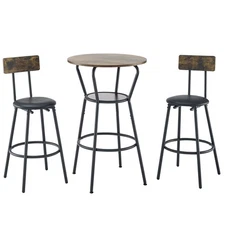 3 Pieces Round Bar Height Table and Chairs Set 2 Tier Kitchen Pub Table Brown