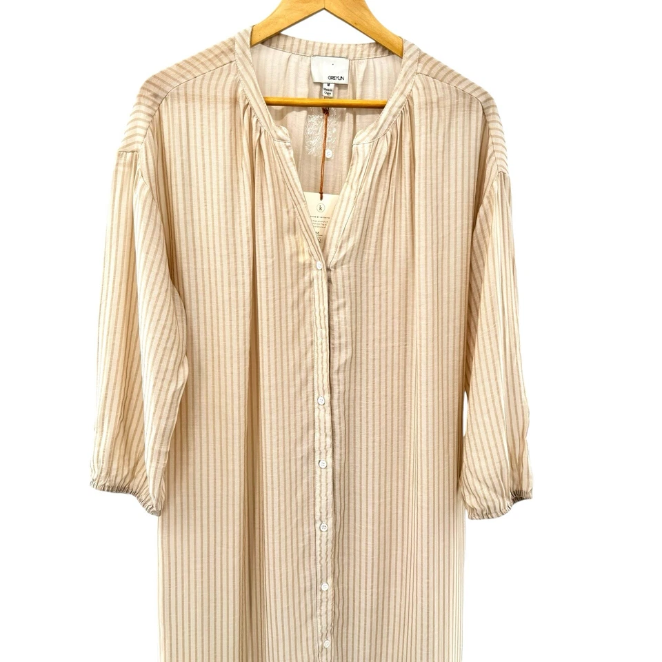 Vestido camisero Greylin para mujer manga larga de gran tamaño talla mediana a rayas en capas Foto 2 de 4