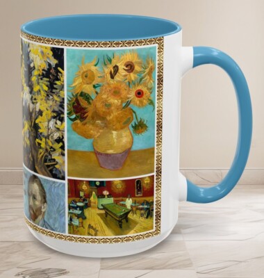 Vincent Van Gogh Paintings, 15 oz Mug, Boho, Vintage Art Prints 4 Accent Colors