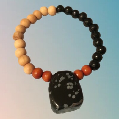 Snowflake Obsidian & Wooden Beaded Bracelet 7in/17.5cm Gift Hand Made OOK J855